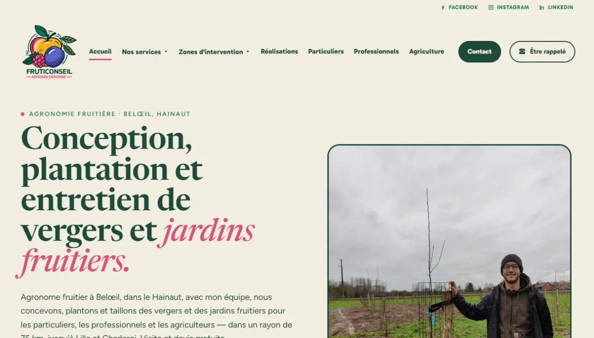 Le site Fruticonseil, vert profond et photographie dans un verger