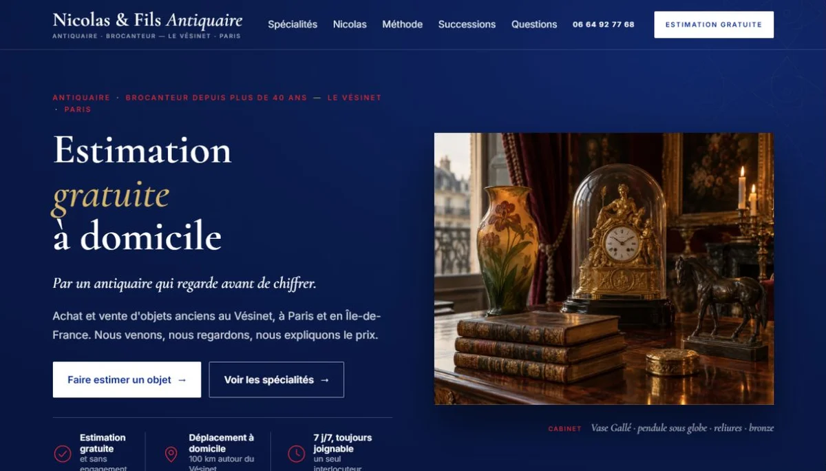 Le site Nicolas et Fils Antiquaire, bleu nuit et or